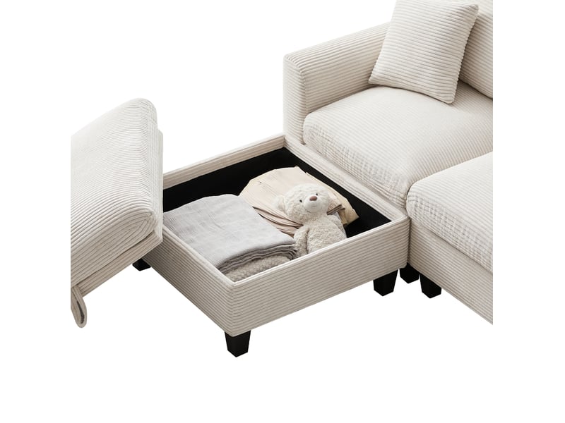  Canapé d'angle convertible 4 places en velours côtelé beige, console usb, pouf coffre pour le salon  - Conforama D