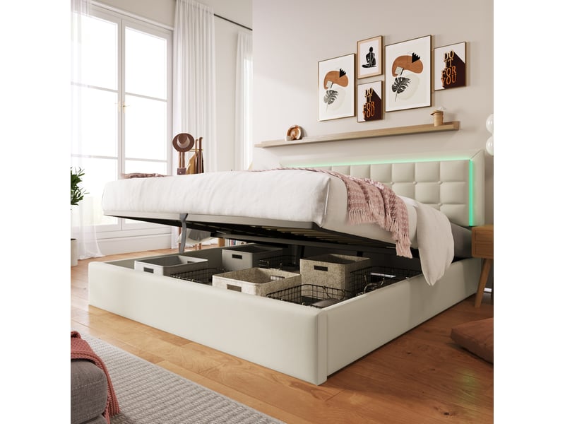 Lit coffre hydraulique 180x200 cm avec sommier à lattes et led, pu blanc - Conforama D