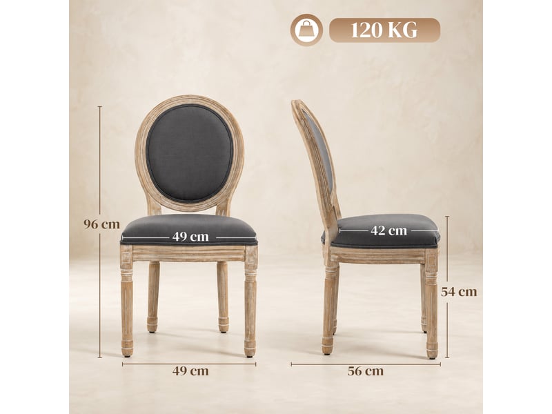  Lot de 2 chaises de salle à manger, assise et dossier rembourrés en effet lin, chaises médaillon style louis xvi, gris  - Conforama C