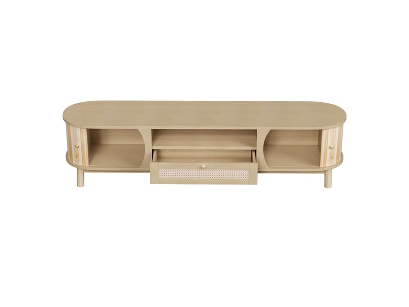  Meuble tv rotin 165 cm avec portes coulissantes et tiroirs, meuble tv naturel en mdf pour salon  - Conforama W