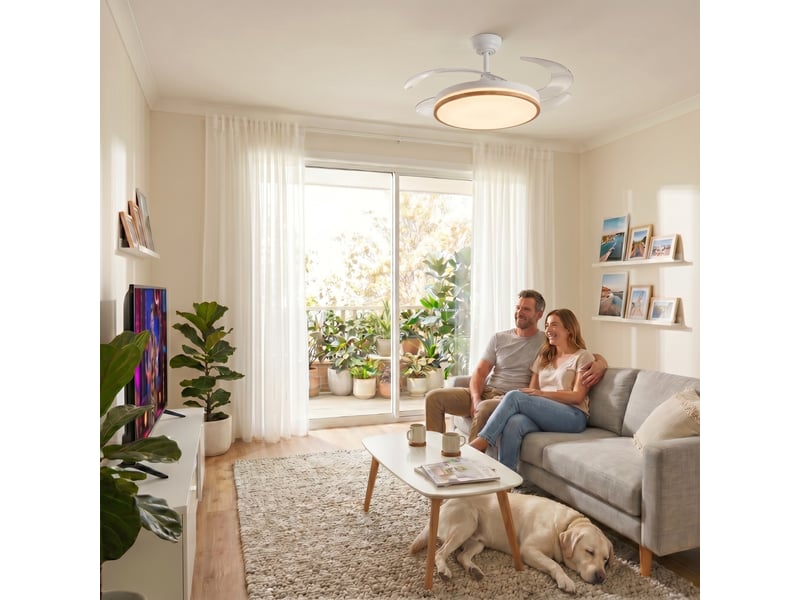  Ventilateur de plafond led rétractable yatek rubia blanc et hêtre, moteur dc 60 w, ø107 cm EL01006 - Conforama E