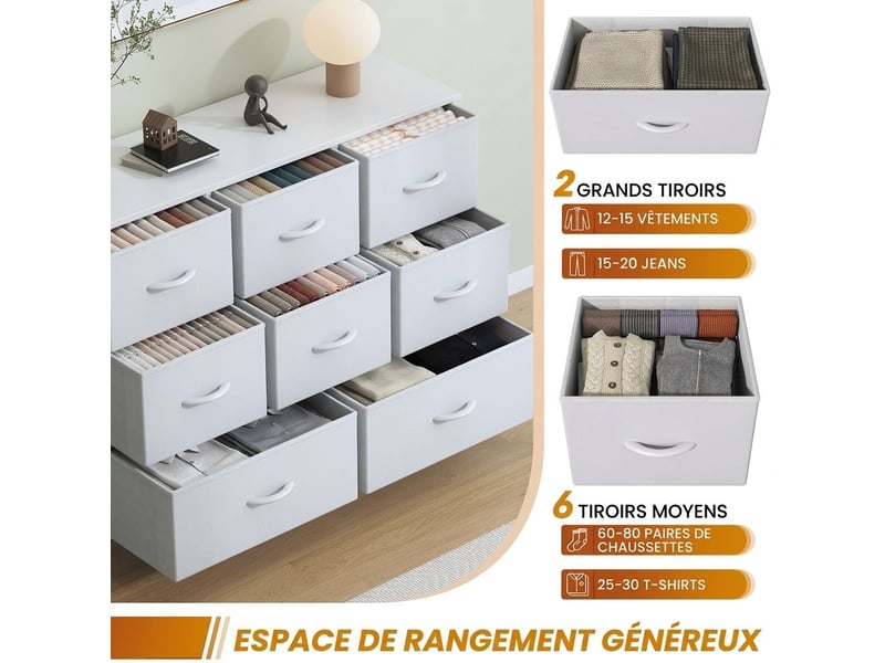  Chiffonnier meuble 100x30x76 cm huit tiroirs tissu blanc et metal blanc chambre  - Conforama D