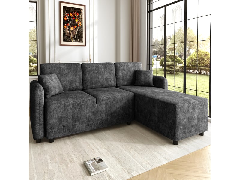  Canapé d'angle 3 places modenvie avec méridienne à droite en chenille noir 187,5 x 144 x 85,5 cm  - Conforama B