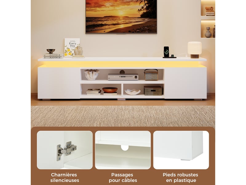  Meuble tv moderne avec led lumineuse, 2 porte et 3 niches ouvertes - armoire tv salon blanc, 180x35x42 cm  - Conforama D