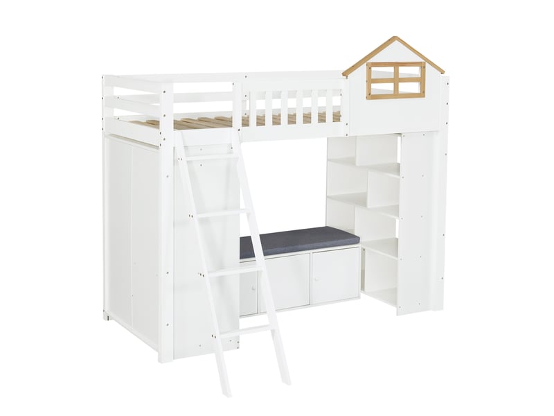  Lit mezzanine enfant 90x200 cm – blanc et naturel – armoire, étagères, banquette avec rangement - sans matelas  - Conforama D