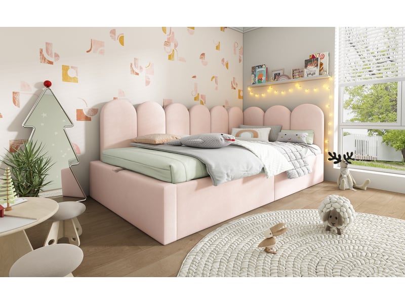  Lit coffre simple 90x200 cm avec ouverture hydraulique et sommier métallique - velours rose - sans matelas  - Conforama E