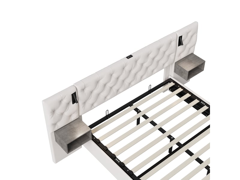  Lit double coffre - 140 x 200 cm - beige - velours, tête de lit capitonnée, éclairage led, tables de chevet intégrées et vérins hydrauliques  - Conforama D