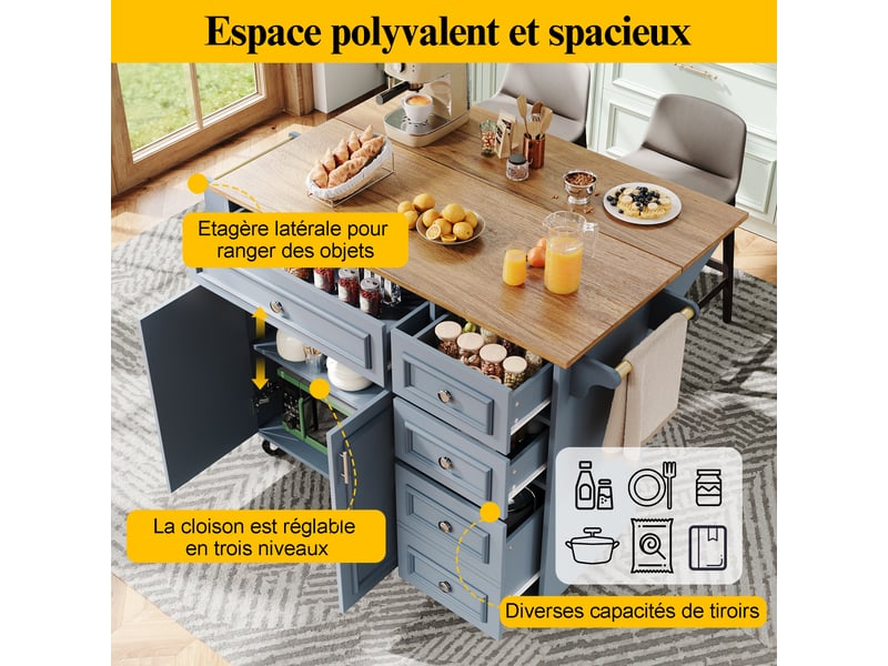  Îlot de cuisine multifonction 110x45-75x92 cm avec table rabattable et rangements modulables, mdf, bleu  - Conforama R