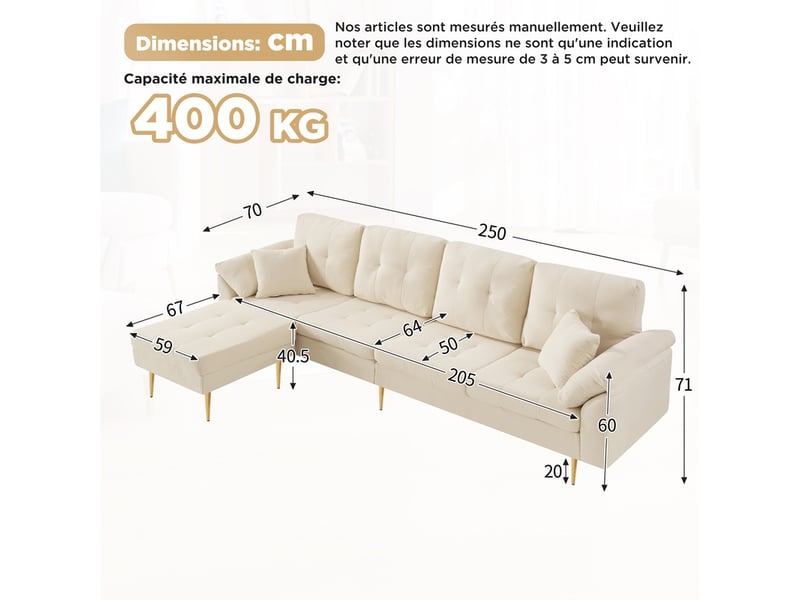  Canapé d'angle en l ,4 places, en velours côtelé avec pouf modulable,250 x 70 x 80cm,beige  - Conforama C