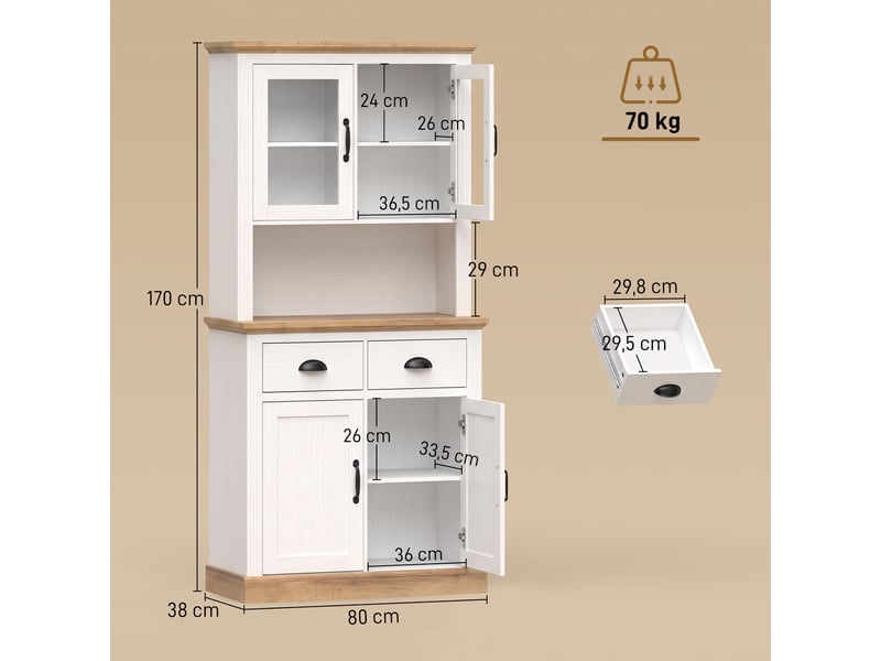  Buffet haut cuisine, armoire cuisine, 4 portes dont 2 en verre, 2 tiroirs, étagères réglables, plan de travail, blanc  - Conforama C