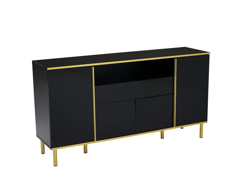 Buffet bas 150x40x80 cm noir brillant en mdf et panneaux de particules, 4 portes, 1 tiroir avec led - Conforama E