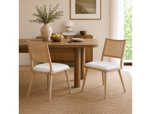 Lot de 2 chaises de salle à manger, assise en pu, dossier en rotin, beige