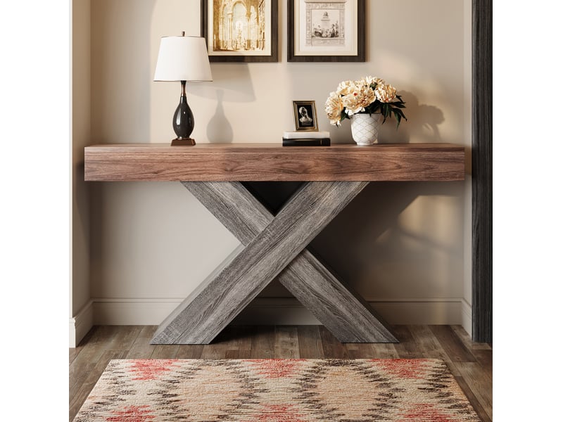  Console étroite avec plateau épais et piètement croisé, style industriel, pour entrée et salon, noyer, 140 × 30 × 80 cm  - Conforama C