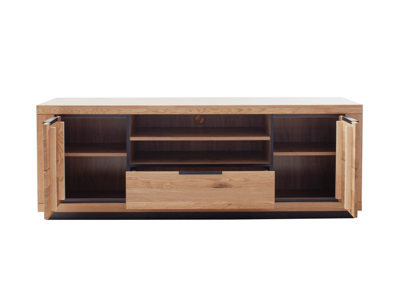  Meuble tv 2 portes 1 tiroir et 2 niches ouvertes coloris chêne massif huilé - longueur 183 x hauteur 65 x profondeur 54 cm  - Conforama C