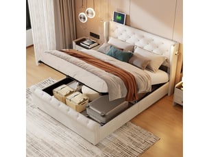 Lit coffre 160x200 cm <strong>SANS MARQUE</strong> <strong></strong> coloris beige