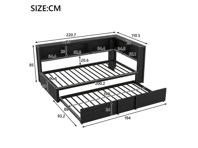 Lit banquette 90x200 cm avec lit gigogne , 5 placards et led, coloris noir - Conforama C