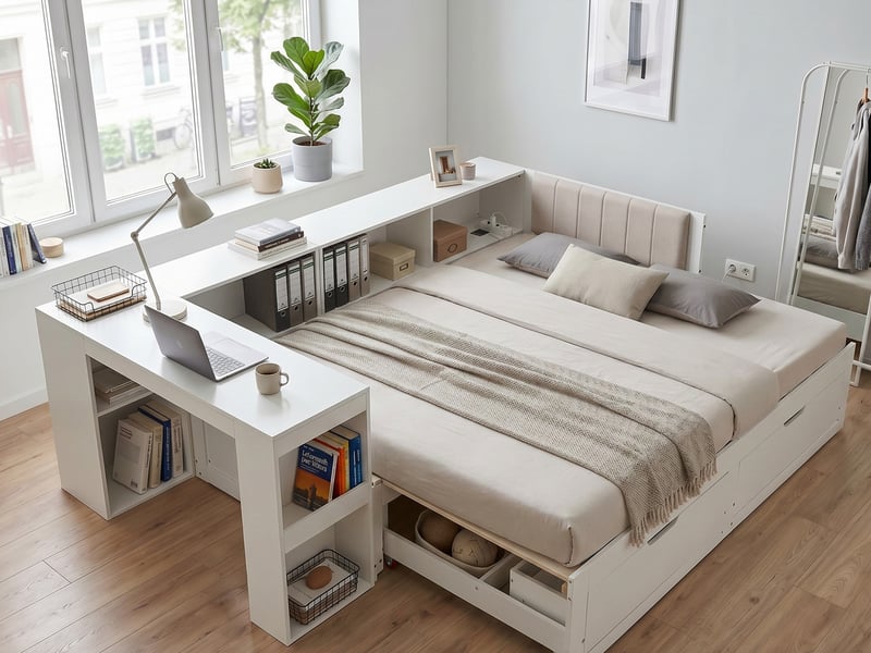  Lit coffre,180x200 cm,avec bureau et rangement,bois mdf,blanc mat  - Conforama B