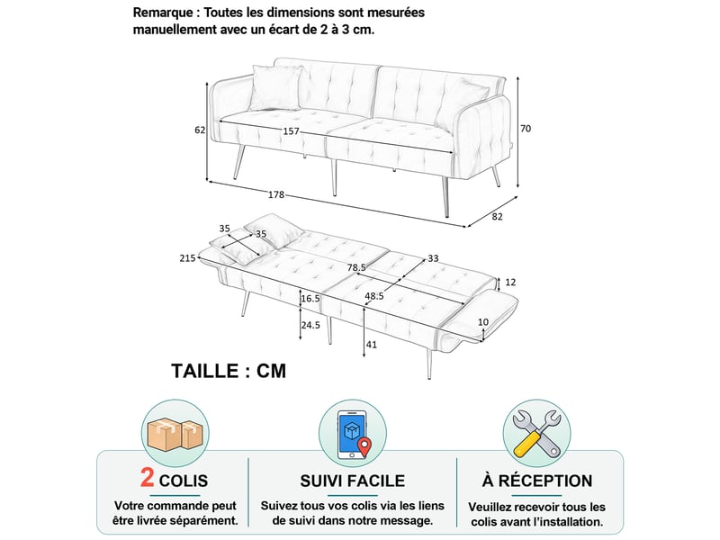 Canapé convertible 2 places avec dossier et accoudoirs réglables, coussins, velours jaune, couchage 215 × 81,5 cm - Conforama D