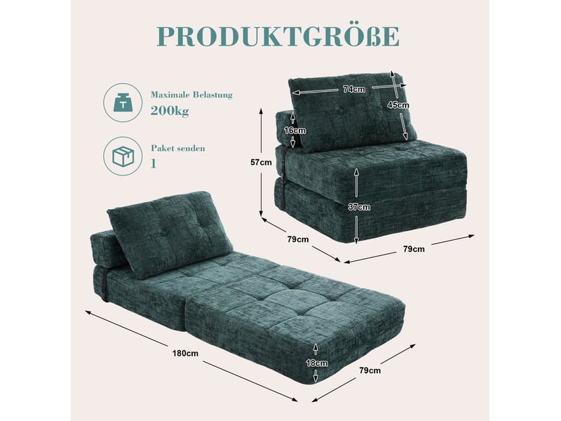  Fauteuil convertible modenvie pliant 1 place en chenille vert émeraude 79 x 79 cm  - Conforama C