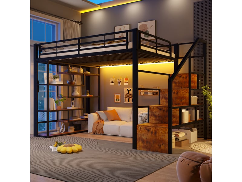  Lit mezzanine enfant 140x200cm avec espace libre sous le lit - avec led, étagère, marches intégrées et barrière de sécurité, métal noir evarich - Conforama B