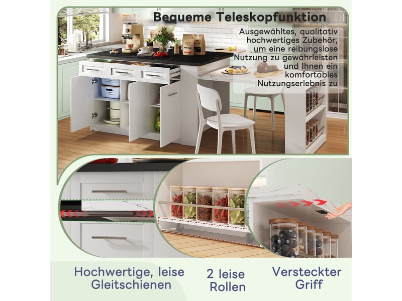 Îlot de cuisine 150 × 90 × 90 cm blanc, mdf, plateau effet marbre noir et blanc, table extensible 96 cm et rangements - Conforama C