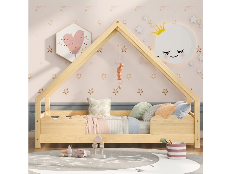  Lit cabane enfant 90x200 cm avec barrières anti-chute, bois, naturel sans matelas  - Conforama C