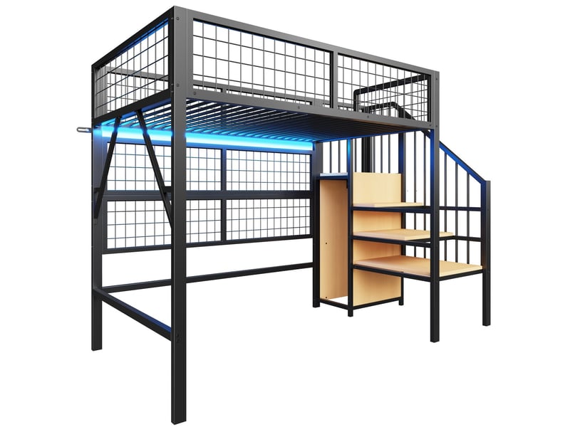  Lit mezzanine 90 x 200 cm structure en métal noir éclairage led piloté par application escalier de rangement portant ouvert  - Conforama A