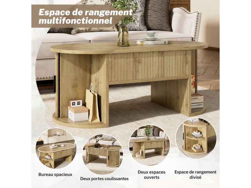  Table basse ovale relevable en mdf effet chêne avec rangements, 100 x 50 x 40,5 cm  - Conforama E