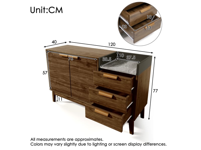  Buffet bas ulevr avec rangement, 3 tiroirs et 2 portes battantes, 120 x 40 x 77 cm, plateau effet marbre, mdf et bois, chêne foncé  - Conforama C