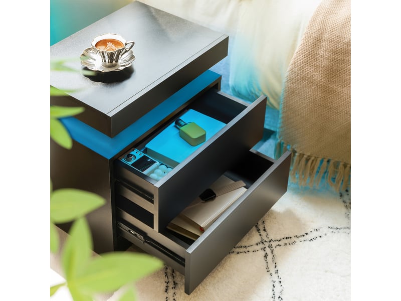  Table de chevet led 2 tiroirs en bois d'ingénierie noir 50 x 53 x 36 cm T2974P231492 - Conforama B