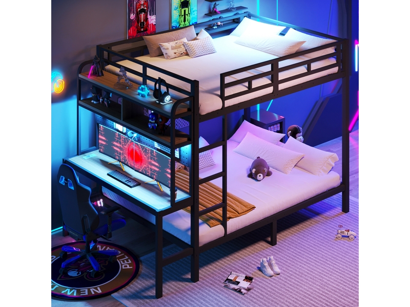  Lit superposé 140x200 cm avec bande lumineuse led et port usb, lit enfant avec étagère et bureau, structure en fer, noir  - Conforama E