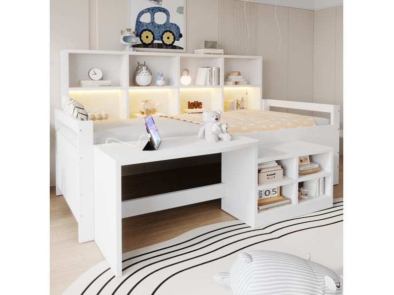  Lit enfant multifonction 90x200 cm, lit simple avec éclairage led, bureau, rangements, usb, mdf, blanc, sans matelas  - Conforama D