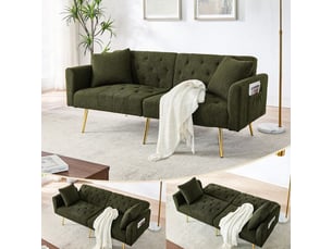 Canapé deux places en bouclé - vert - tissu en peluche - dossier réglable à 3 niveaux - 2 coussins inclus