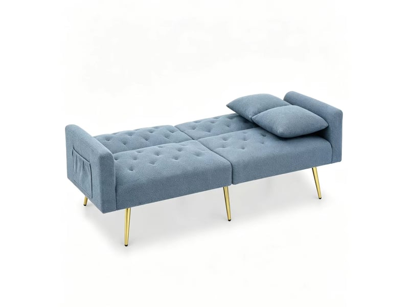  Canapé 2 places moderne en bouclé teddy bleu avec dossier réglable 3 positions et 2 coussins  - Conforama E