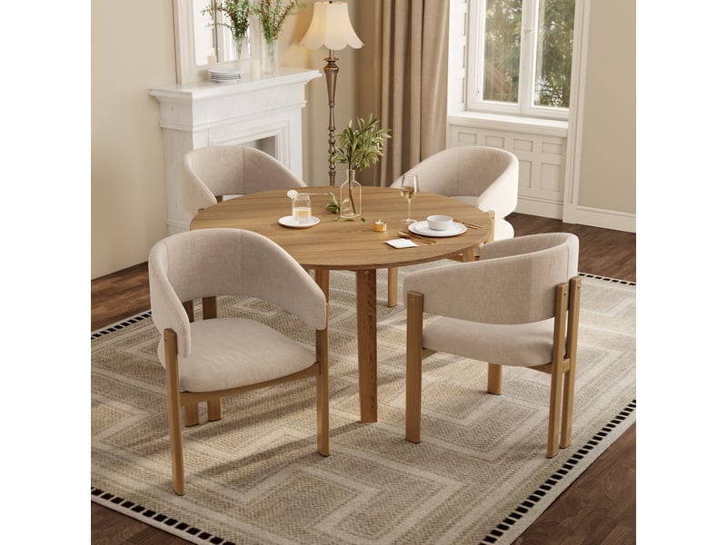  Lot de 6 chaises de salle à manger avec accoudoirs, tissu en lin et structure en métal effet bois beige  - Conforama D
