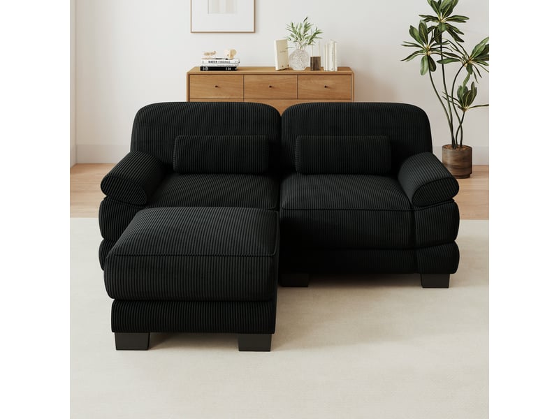  Canapé d'angle modulable - 2 places - forme l - 1 ottoman - coussins lombaires - velours côtelé - mobilier de salon - noir CozyNest - Conforama C