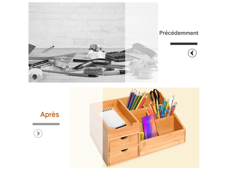  Organisateur de bureau 2 tiroirs 7 compartiments bambou naturel  - Conforama D