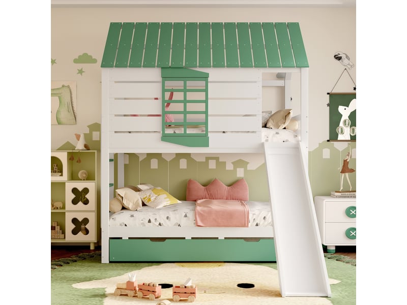  Lit superposé cabane enfant 90x200 cm avec toit à pignon, fenêtre en forme de cœur, toboggan, échelle et lit gigogne, pin et mdf, blanc et vert Seren Glow - Conforama D