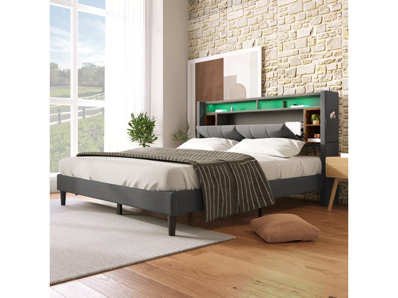  Lit 140x200 cm avec tête de lit rangement, led, usb et prises, sommier à lattes, gris Fay Lum - Conforama B