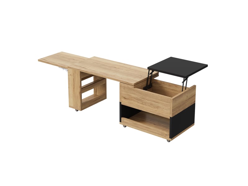  Table basse extensible 161,5x46x67 cm plateau relevable 360° naturel et noir  - Conforama A