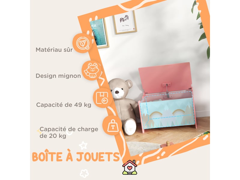 Coffre à jouet enfant coffre de rangement enfant couvercle rabattable motif de forêt coins arrondis 60 x 37 x 39 cm rose - Conforama E