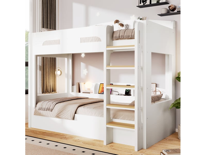  Lit superposé 90x200 cm avec lit inférieur, prise usb et étagères, blanc  - Conforama B