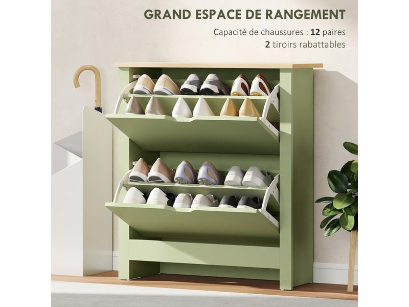  Meuble à chaussures 12 paires, armoire à chaussures étroite avec 2 tiroirs rabattables et étagères réglables, vert  - Conforama D