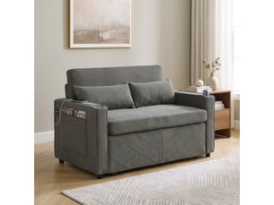 Canapé convertible 2 places avec système coulissant et ports usb, fonction lit et méridienne, tissu gris foncé