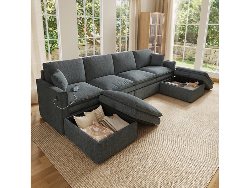  Canapé panoramique modulable 6 places avec 2 poufs de rangement et ports usb, en tissu coton-lin gris  - Conforama D