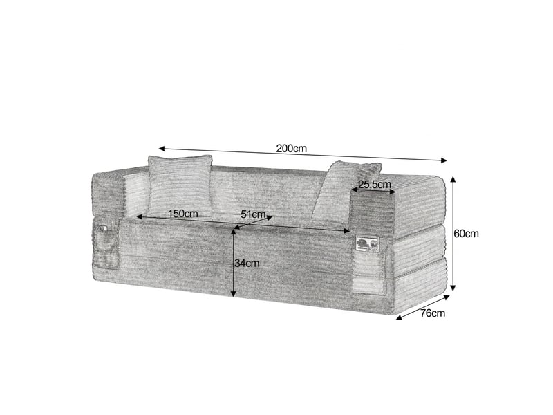  Canapé convertible velours côtelé 3 places gris foncé sans armature 200 cm  - Conforama E