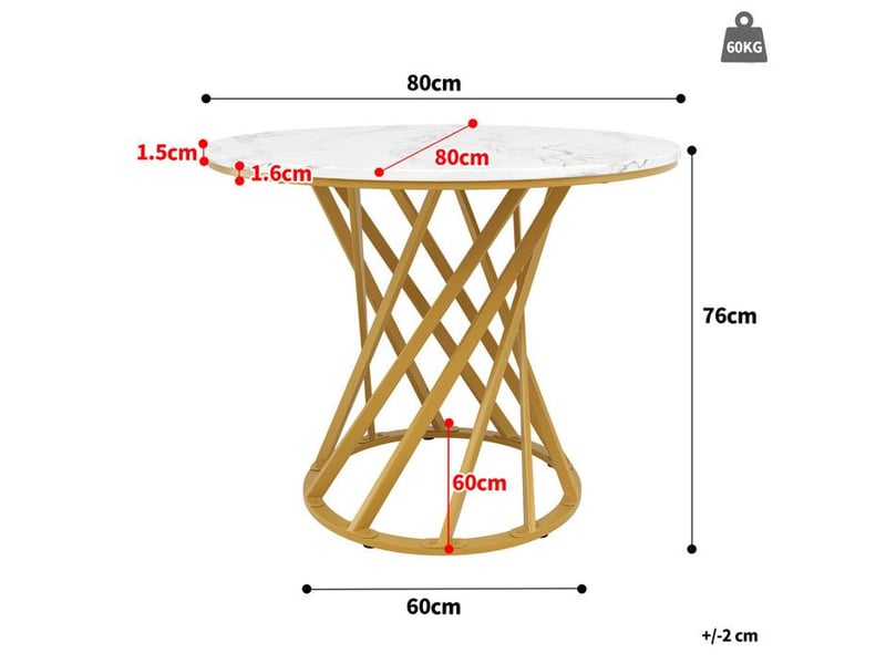  Table à manger ronde 80cm - plateau imitation marbre &amp; pieds métal dorés réglables - pour 4 personnes - idéale cuisinesalon 80x80x76cm - Conforama E