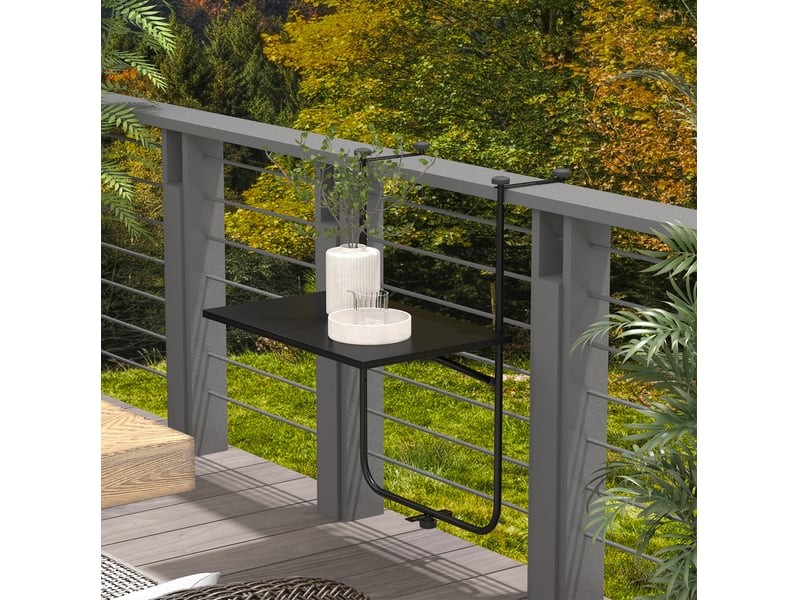 Table de balcon suspendue pliante 62x60 cm – noire – 3 hauteurs, fixation réglable de 6 à 15 cm sur rambarde - Conforama B