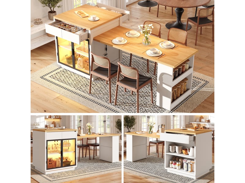 Îlot de cuisine extensible 122–194,5 x 70 x 94 cm, rgb led, vitrine en verre, 2 tiroirs et rangements pour 2 à 6 personnes, blanc - Conforama B