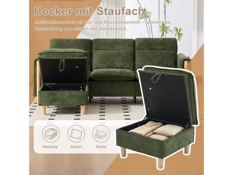 Canapé 3 places style nordique en l avec pouf à rangement, pochettes latérales, pieds en bois, chenille vert  - Conforama D